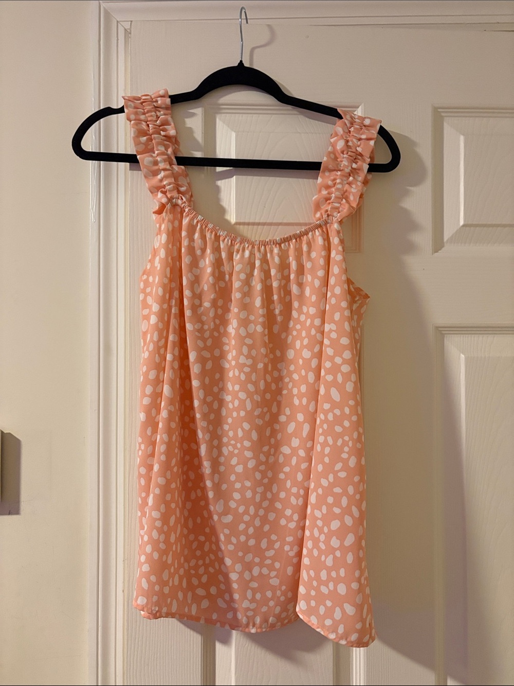 JODIFL Peach Polka Dot Ruffled Strap Tank Top